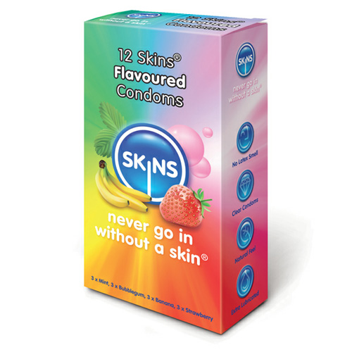 Комплект презервативи Skins с вкус на ягода, банан, мента и дъвка 12 броя | цена 29.93 лв.