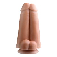 Дилдо двоен пенис с тестиси в телесен цвят със залепваща