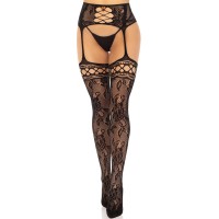 Чорапи LEG AVENUE - FLORAL LACE GARTER STOCKINGS BLACK