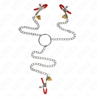 Щипки за зърна KINK - BELL TRIPLE NIPPLE AND CLIT CLAMPS RED WITH CHAIN 30 CM