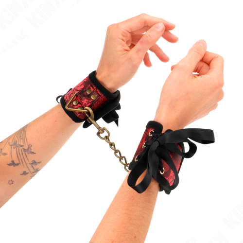 Белезници KINK - SCANDAL WRIST RESTRAINTS RED-BLACK LACE DETAILS 24.5 CM X 6.5 CM