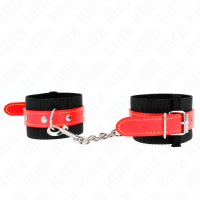 Белезници KINK - NYLON WRIST RESTRAINTS BLACK WITH LEATHERETTE RED ADJUSTABLE 19-24 CM X 5.5 CM