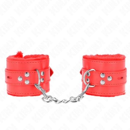 Белезници KINK - FUR LINED WRIST RESTRAINTS WITH SQUARE HOLES RED AND RED BELT ADJUSTABLE 17-29 CM X 6 CM