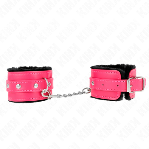 Белезници KINK - PREMIUM FUR LINED WRIST RESTRAINTS BLACK WITH RASPBERRY ROSE BELT ADJUSTABLE 17-29 CM X 6 CM