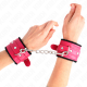 Белезници KINK - PREMIUM FUR LINED WRIST RESTRAINTS BLACK WITH RASPBERRY ROSE BELT ADJUSTABLE 17-29 CM X 6 CM