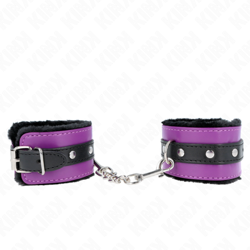 Белезници KINK - PREMIUM FUR LINED WRIST RESTRAINTS BLACK WITH PURPLE / BLACK BELT ADJUSTABLE 17-29 CM X 6 CM