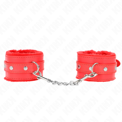 Белезници KINK - PREMIUM FUR LINED WRIST RESTRAINTS RED WITH RED BELT ADJUSTABLE 17-29 CM X 6 CM