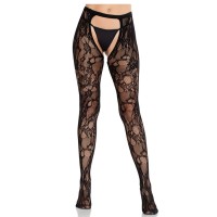 Секси чорапи LEG AVENUE - ROSE LACE STOCKINGS WITH OPEN BACK BLACK
