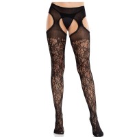 Секси чорапи LEG AVENUE - FLORAL LACE STOCKINGS WITH GAR