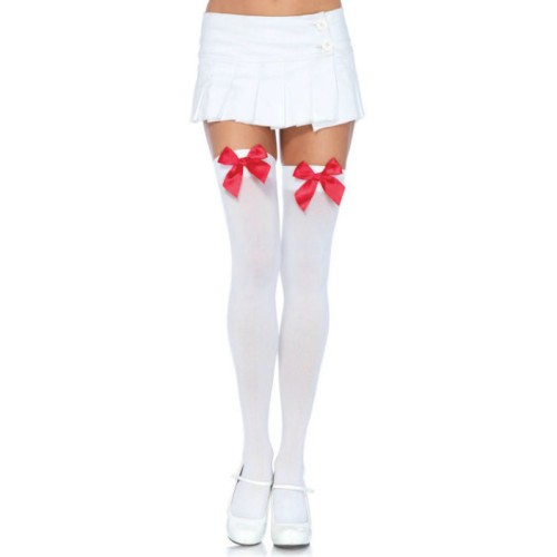 LEG AVENUE NYLON THIGH HIGHS WITH BOW WHITE / RED | цена 25.97 лв.